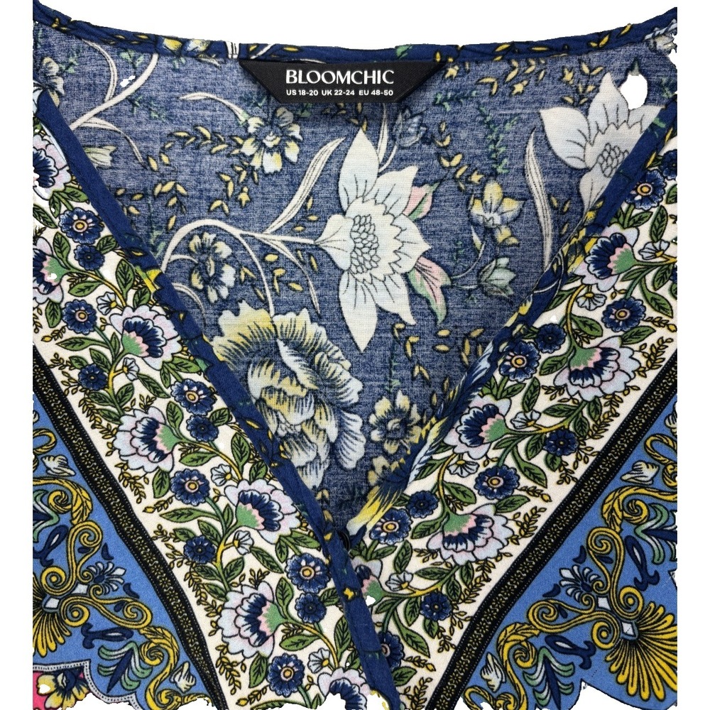 Boho Floral V Neck Tunic Festival Resort Top Blue Bell Sleeve Womens 18-20 Plus - Picture 6 of 13